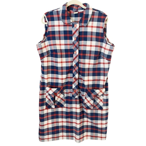Vintage 60’s Blue Orange Plaid Sleeveless Button Down Shift House Dress - Picture 1 of 11